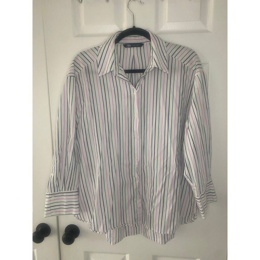Zara Womens Pinstripe Cotton Collar Button Down Size Small‎